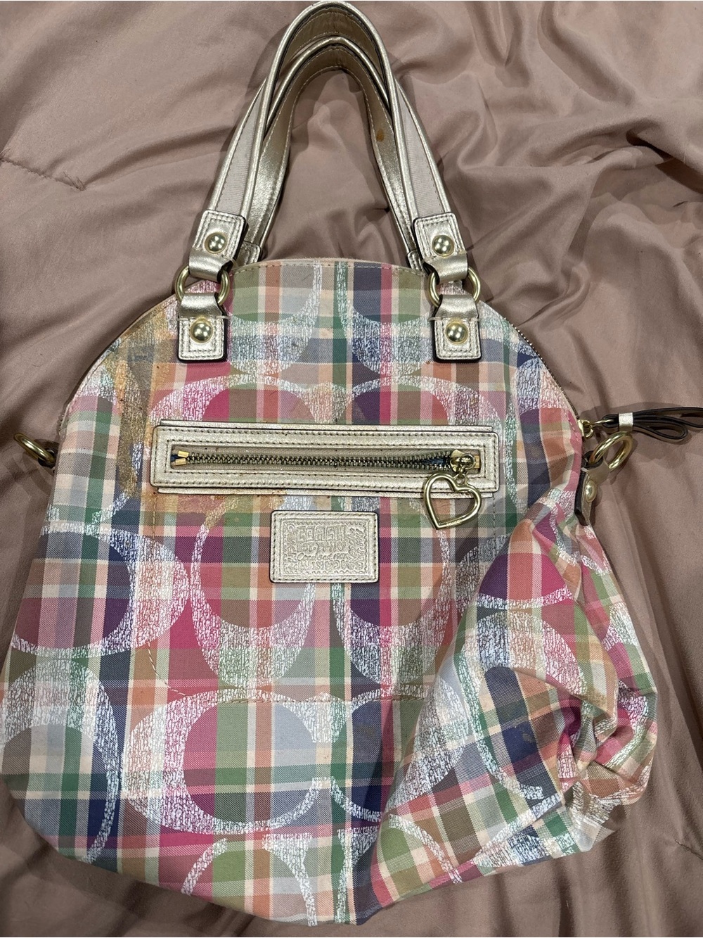 Coach Multicolor Plaid Shoulder Bag with Metallic Gold Handles
